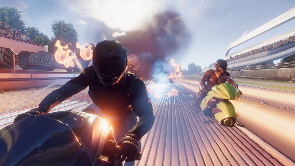 VRacer Hoverbike first-person racing view showcasing tilt-steering and high-speed futuristic environment.