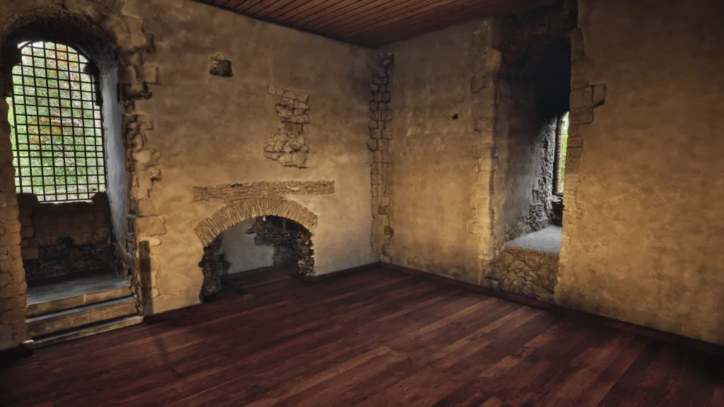 Modern day garden and battlements of Guildford Castle VR experience in high-fidelity VR environment.