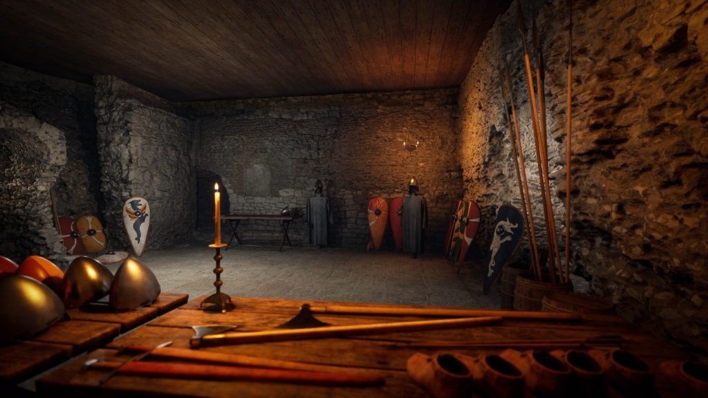 Interior view of the 12th-century keep at Guildford Castle VR showing stone motte and medieval hall.