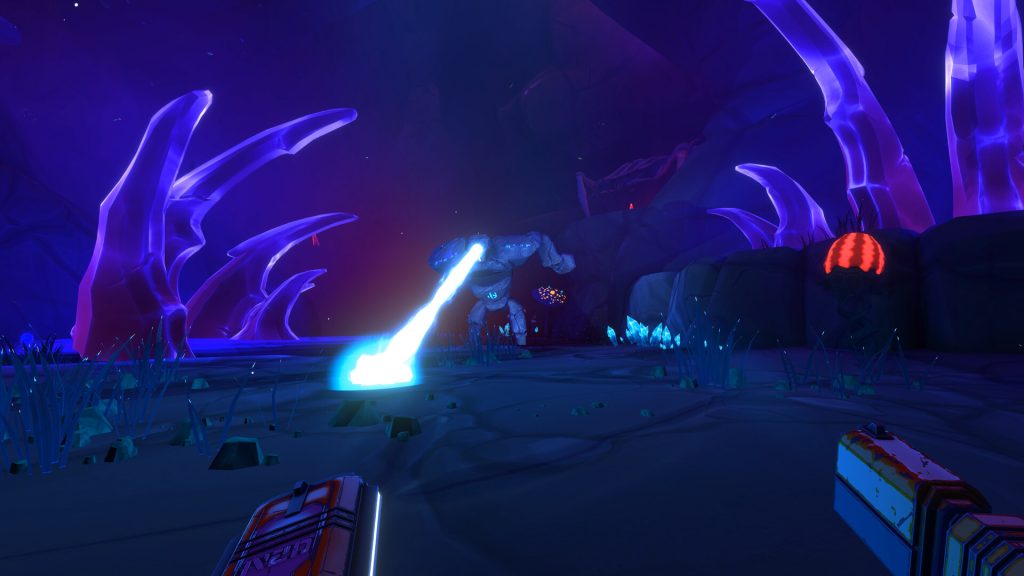 VR player mining glowing alien crystals inside a dark cavern in Into Black VR