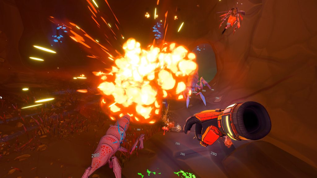 Hovering over a magma chamber biome in Into Black VR, showing expansive cave environment and lighting.