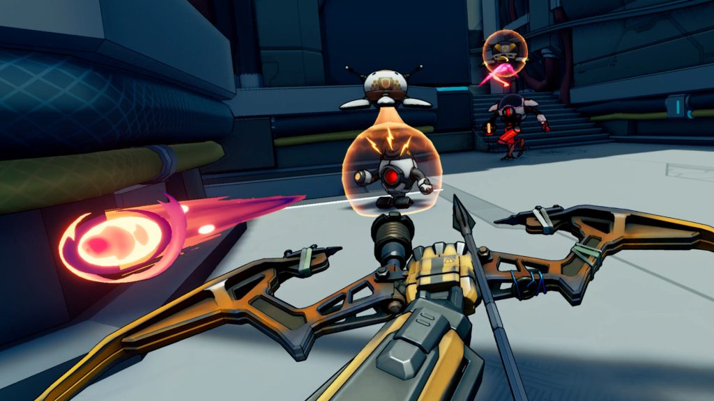 First-person view aiming down sights in Roboquest VR during fast-paced roguelite combat.