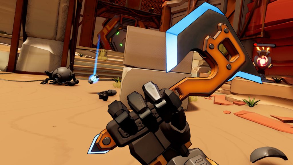 VR motion-controlled weapon reload inside a bright futuristic Roboquest VR corridor.