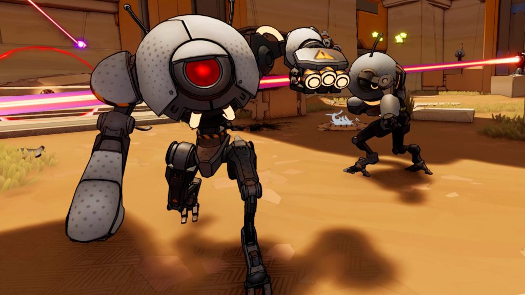 Player sliding under incoming fire in Roboquest VR with glowing robots closing in.