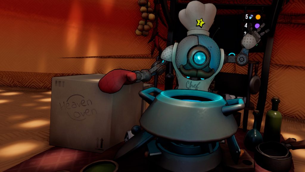 Player dual-wielding sci-fi weapons in Roboquest VR while fighting robot enemies in neon arena.