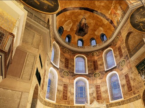 Byzantine fresco fragments inside virtual Hagia Sophia, VR headset view
