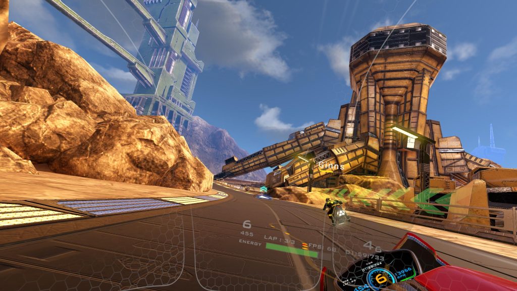 Futuristic racetrack with glowing loops and hoverbikes speeding through VRacer Hoverbike experience