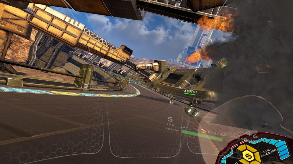 Player leaning into a neon-lit turn while racing a futuristic hoverbike in VRacer Hoverbike