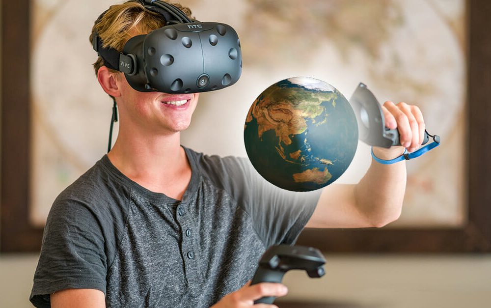 Young student interacting with a VR touchscreen joystick during immersive STEM lesson