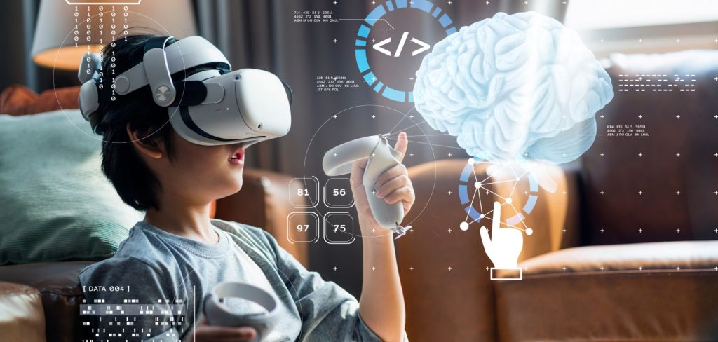 Students wearing VR headsets inside ASU–Dreamscape Learn mobile classroom exploring a virtual biology ecosystem