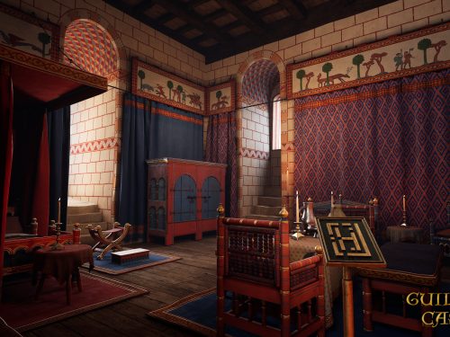 Player character standing in the reconstructed 14th-century royal apartments at Guildford Castle VR with period lighting