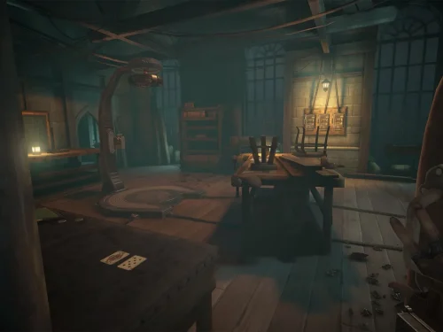 VR player crouching behind crates in Thief VR steampunk city