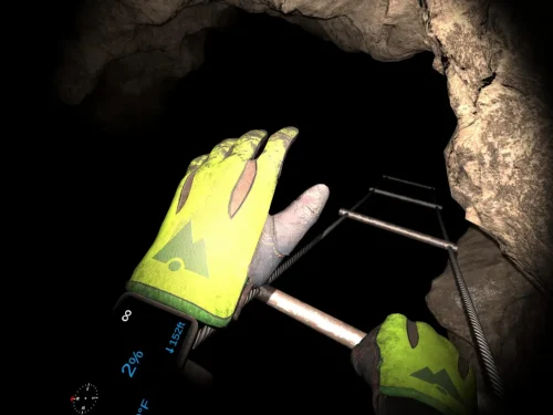 Player wearing VR headset navigating a realistic virtual cave environment with flashlight and tools.