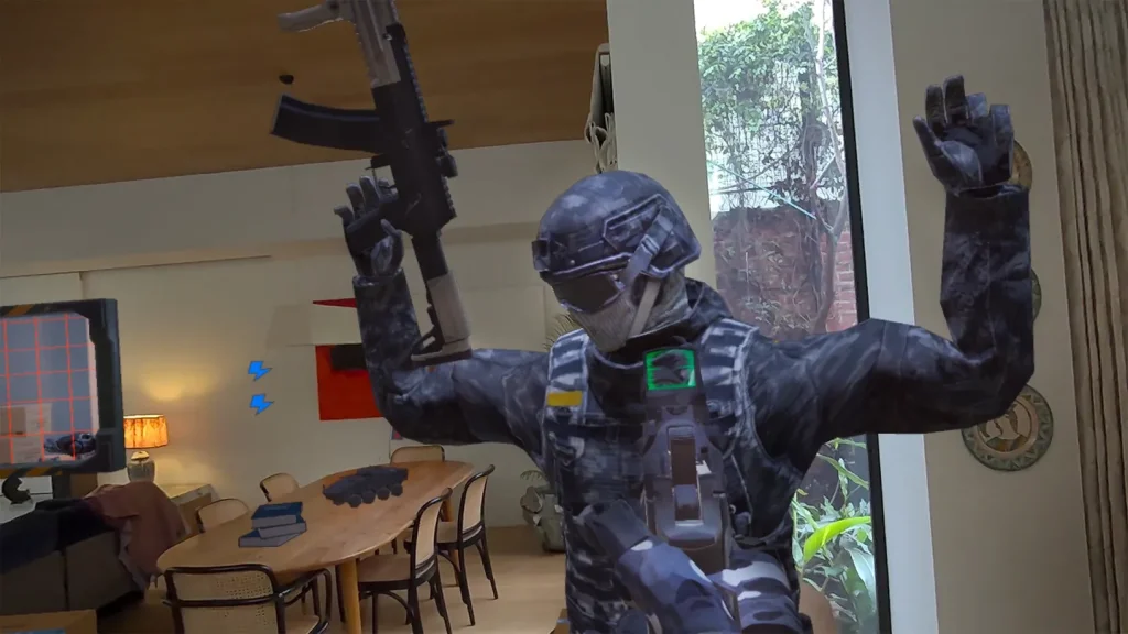 In-game Espire: MR Missions guard patrolling near a couch mapped from real space