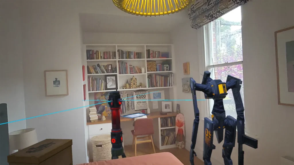 Player ducking laser grid in mixed reality room-scale gameplay of Espire: MR Missions