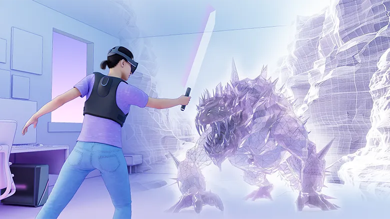 Developer testing immersive VR experiences on standalone headset hardware in a lab environment.