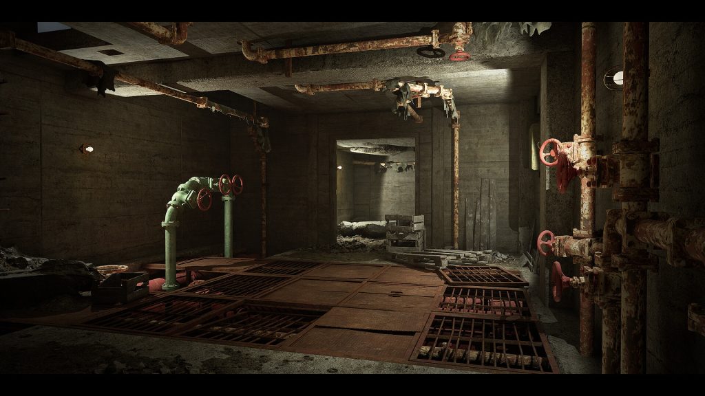 Screenshot showing detailed Unreal Engine 5 lighting in a VR environment within The Riese Project.
