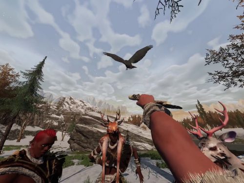 Tamed prehistoric animal companion standing beside a VR player in Neolithic Dawn.